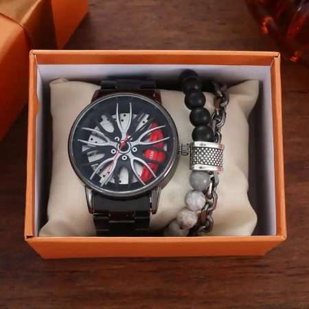 Cool sports wheels premium watch with beaded bracelet