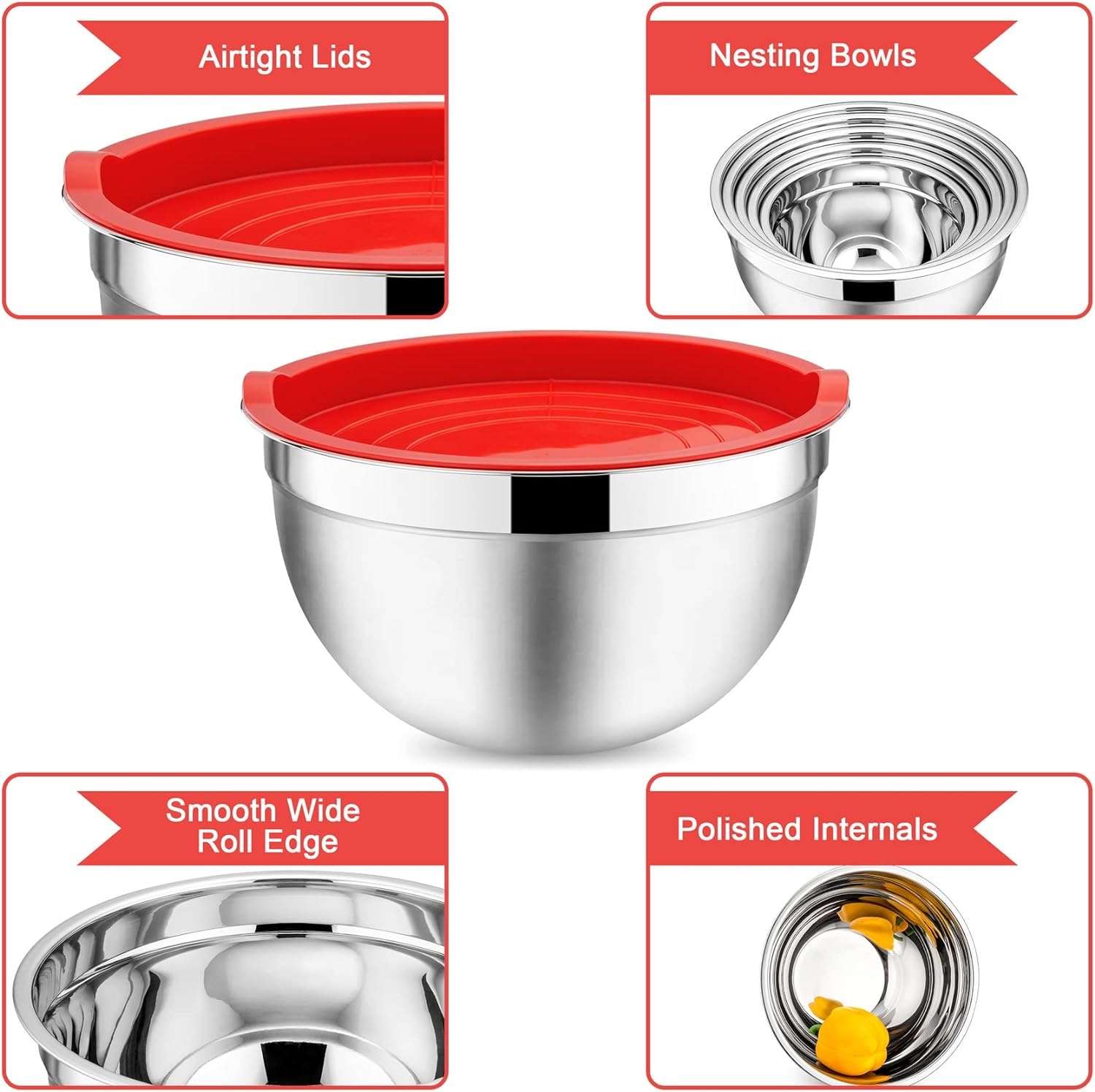 Stainless Steel Salad Nesting Bowl 7pcs Set with Airtight Lids - Image 6