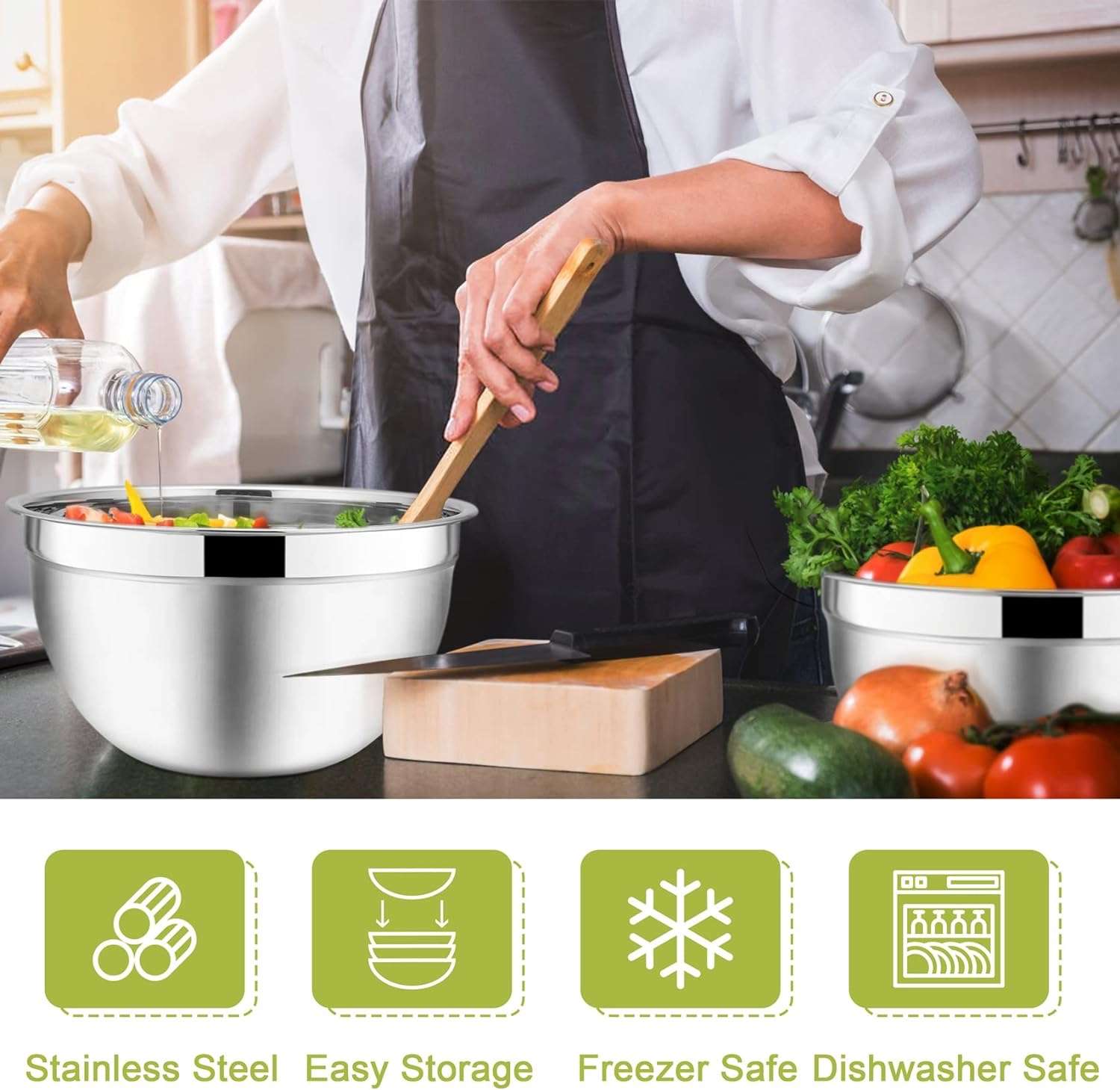 Stainless Steel Salad Nesting Bowl 7pcs Set with Airtight Lids - Image 8