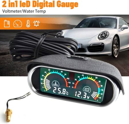 Car 2 in 1 LCD Digital Display Voltmeter Gauge & Water Temp Temperature Gauge Universal